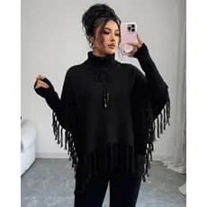 Poncho Feminino Tricot Elegante Gola Alta Social Chique Inverno Xale Crochet De Frio Lari