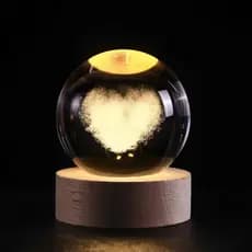 Luminária Bola De Cristal 3d 6cm e 8cm Decoração De Mesa Base Madeira