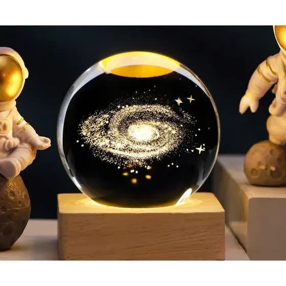 Luminária Bola de Cristal Led Mesa Globo Vidro 3d Base Madeira Decoração Abajur Presente Enfeite Lua