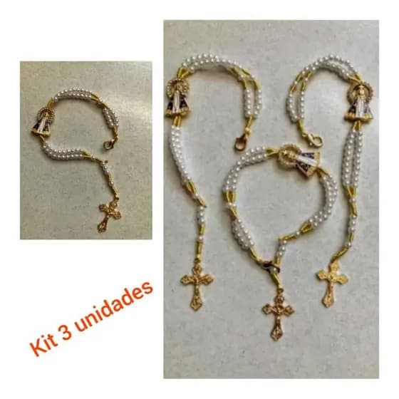 kit Revenda  3 terços de pulso pulseira em pérolas Nossa Senhora Aparecida.