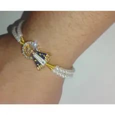 Terço De Pulso Pérola /Hematita Nossa Senhora Aparecida.