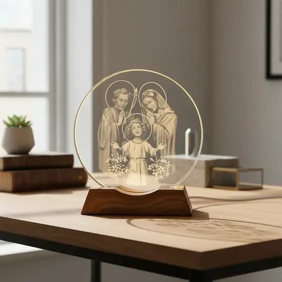 Luminária Sagrada Família Decorativa em Vidro 8 cm USB Led Abajur de Mesa