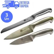KIT 3 Faca Profissional Inteiriça 5 Polegadas 24 cm , 6 Polegadas 26,5  cm e Faca Pão 8 Polegadas em Aço Inox