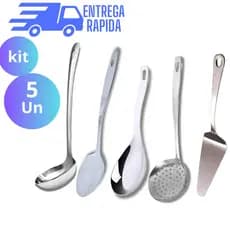 Kit 5 Utensílios de Cozinha 100% Aço Inox Concha Escumadeira Colher de Arroz Colher de Arroz longa e espatula para bolo