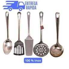 kit Utensílios de Cozinha 5 Peças Aço Inox Concha Escumadeira Colher de Arroz Espatula Espatula Vazada