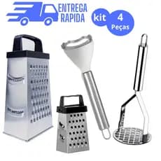 KIT UTENSILIOS DE COZINHA RALADOR MINI RALADOR DESCASCADOR DE MILHO AMASSADOR DE BATATAS 4 PEÇAS