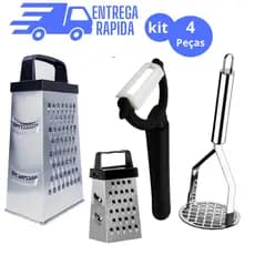 KIT UTENSILIOS DE COZINHA RALADOR MINI RALADOR DESCASCADOR DE LEGUMES  AMASSADOR DE BATATAS 4 PEÇAS