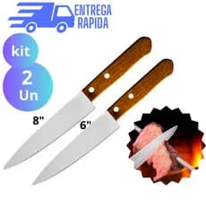 Kit 2 Faca De Cozinha Aço Inox Profissional 6 e 8 Polegadas  Cabo Madeira 33 e 28 cm