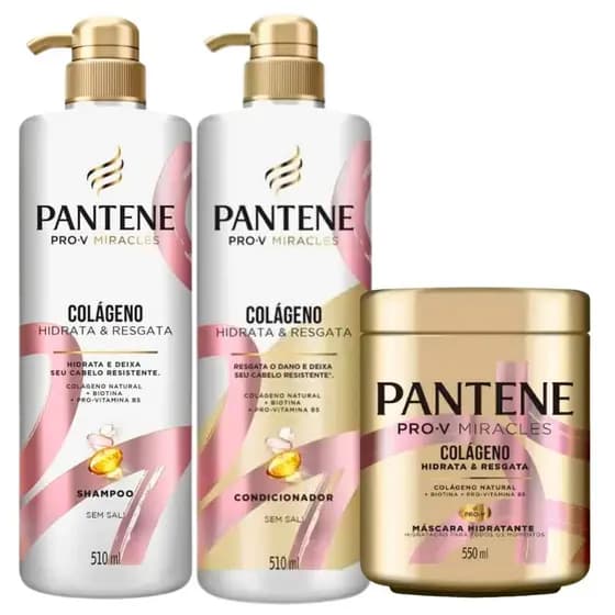 Kit Pantene Colageno Shampoo 510ml + Condicionador 510ml + Mascara 550ml Forca Brilho e Hidratacao