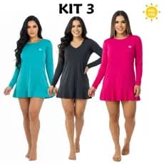 Kit 3 Saída de Praia Feminina com Proteção Solar Vestido Térmico UV50 Moda Praia Férias Verão Malha Fria