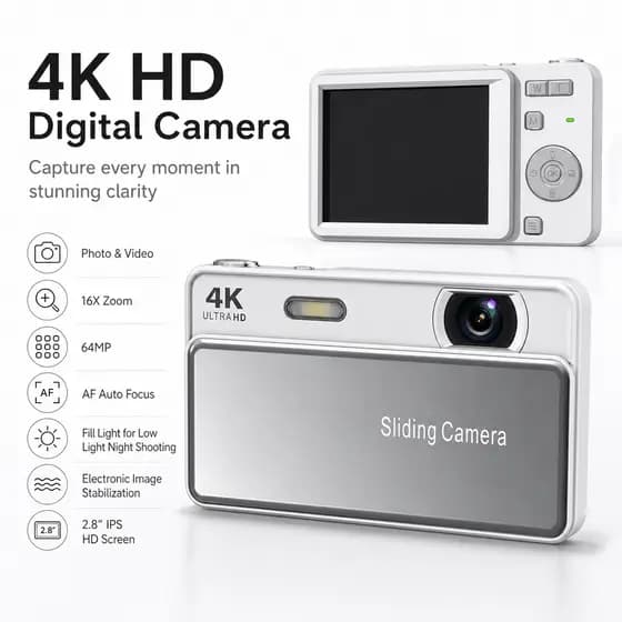 Câmera Digital 4K Ultra HD 64MP 2.8 " Tela IPS Zoom 16X AF Autofoco Com Luz De Preenchimento Mini De Carregamento Tipo C
