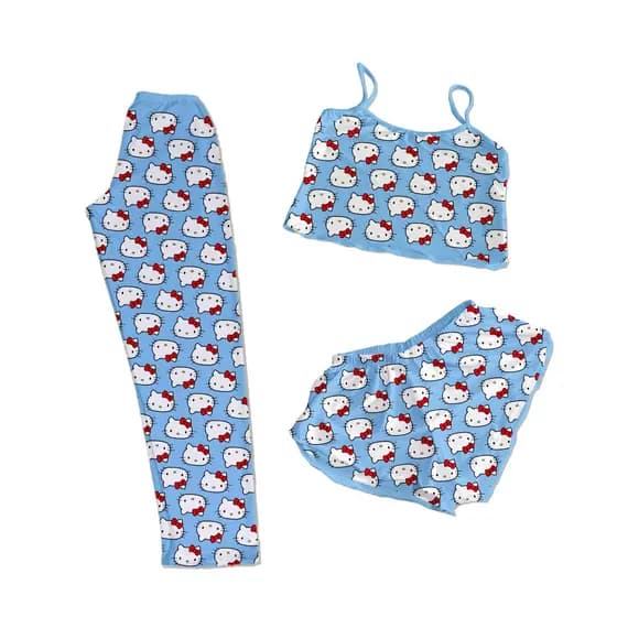 CONJUNTO PIJAMA 3 PEÇAS CALÇA SHORTS E CROPPED PERSONAGENS AZUL