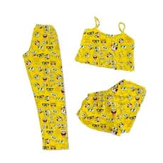 CONJUNTO PIJAMA 3 PEÇAS CALÇA SHORTS E CROPPED PERSONAGENS AMARELO