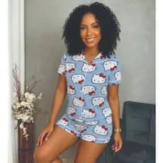 PIJAMA ESTILO AMERICANO BOTÕES CURTO PERSONAGENS AZUL