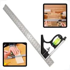 Esquadro Técnico Profissional 30cm – Régua Inoxidável, Escala Milimétrica, Nível Bolha e Marcador