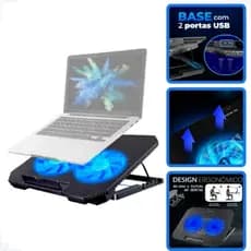 Suporte Para Notebook Base Refrigerada Com 2 Coolers Potentes Silencioso LED Azul 8 Níveis de Altura Base Ergonômica B-M