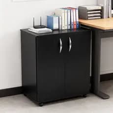 Armário Gabinete Auxiliar 2 Portas Rodas Chão 60cm Escritório Comercial Arquivo Compacto Preto MDP