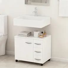 Gabinete Balcão Armário Baixo Banheiro 3 Gavetas Rodas 60cm Lavabo Gaveteiro Sem Encaixe Branco