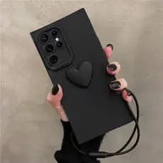 Capinha Capa Para S23 Ultra S24 Ultra S25 Ultra S26 PLUS FE com Alça Suporte  Preta Coração Silicone Case Cam Pe