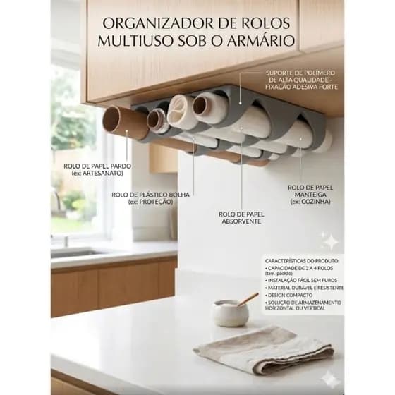 Suporte para rolos de plastico filme - papel manteiga - papel aluminio - suporte para armarios