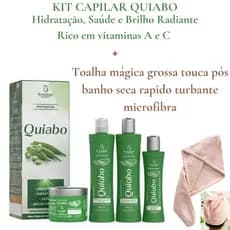 Kit Capilar Profissional Quiabo 4 Itens Bio Instinto + 1 Toalha Mágica Grossa Touca Pós Banho, Cabelo Seca Rápido Turban