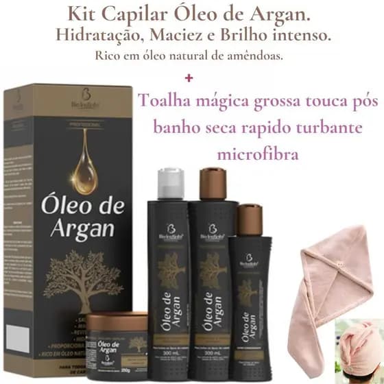 Kit Capilar Óleo de Argan - 4 itens - Bio Instinto + 1Toalha Mágica Grossa Touca Pós Banho, Cabelo Seca Rápido Turbante