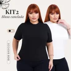 Kit C/ 2 Blusas Femininas Plus Size Malha Canelada Manga Curta Elástica