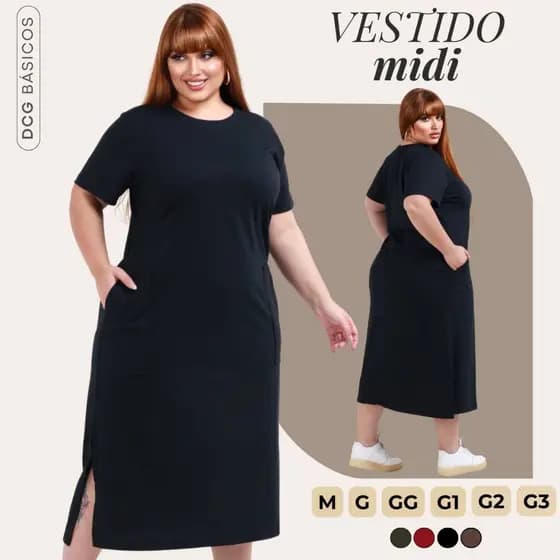 Vestido Feminino Midi Plus Size Gola Redonda Casual Com Bolso e Fenda Lateral Manga Curta Soltinho M ao G3