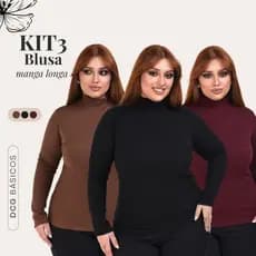 Kit C/3 Blusas Femininas Cacharrel Manga Longa Gola Alta Plus Size G1 ao G3