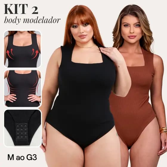 Kit C/ 02 Body Plus Size Regata Feminino Gola Quadrada Afina Cintura Modelador M ao G3