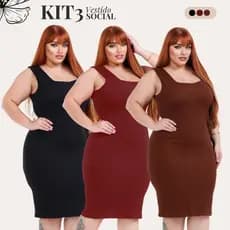 Kit C/ 03 Vestidos Tubinho Decote Quadrado Alta Compressão Regata G1 ao G3