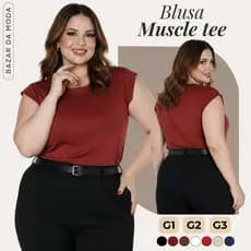 Blusa Feminina Plus Size Muscle Tee Gola Redonda Básica Lisa Acinturada G1 ao G3