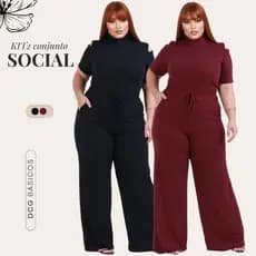 Kit C/ 02 Conjuntos Plus Size Calça Pantalona Wide Leg Blusa Casual Premium