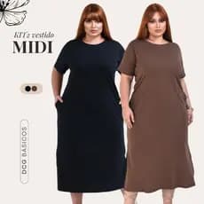 Kit 2 Vestido Feminino Plus Size Gola Redonda Manga Curta Com Bolso Soltinho M ao G3