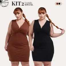 Kit C/ 02 Vestidos Femininos Plus Size Curve Decote V Nozinho Regata Canelado G1 ao G3