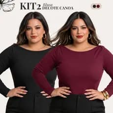 Kit 2 Blusa Feminina Plus Size Gola Canoa Ombro a Ombro Manga Longa Comprida G1, G2, G3