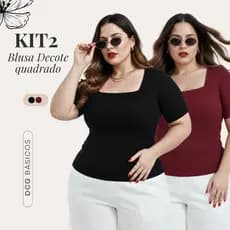 Kit C/ 02 Blusas Femininas Decote Quadrado Curve Plus Size Manga Curta G1 ao G3