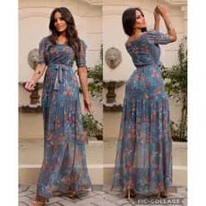 VESTIDO LONGO MANGA CURTA DECOTE CUADRADO