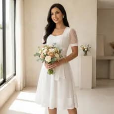 Vestido Casamento Civil Branco Midi Godê Tule Poá com Faixa