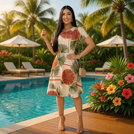 Vestido Feminino Bege Estampado Moda Feminina