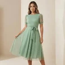 Vestido de Tule Mídi Godê Feminino Casual Elegante