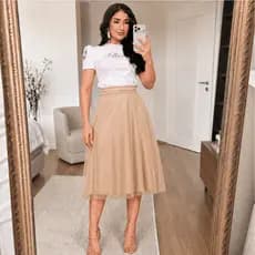 Saia Midi Godê Tule Poá com Cinto Moda Evangélica Feminina