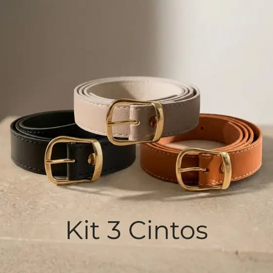 Kit 3 Cintos Feminino Versátil Casual Fivela Dourada Moderna