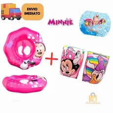 Kit Boia Inflável Circular Assento Fralda Piscina Minnie + 1 Par de Boia de Braço Infantil Inflável Piscina Verão Minnie