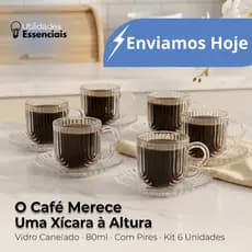Jogo 2 até 6 Xicaras De Luxo Vidro Canelado + Pires Linha Hauskraft Premium 80ml Mesa Posta Decorada