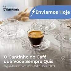 Jogo de Xícara com Pires 6 Peças Café e Cha Brasiliano Transparente Vidro 80ml Decorada Luxo