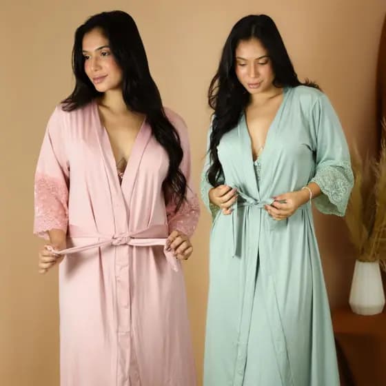 Kit 2 Robe Feminino Confortável Linha Noite Manga Comprida Renda
