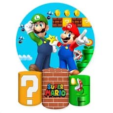 Kit Painel Redondo + Capas de Cilindro Sublimados Para Festa Tema Mario Bros