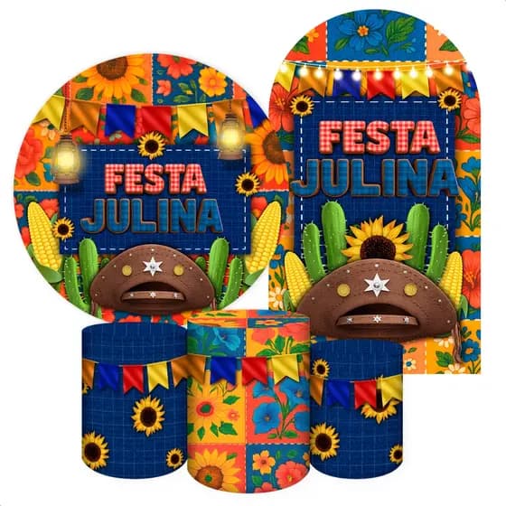 Kit Painel Festivo Tema Festa Julina Arraial Painel Romano Redondo Capa Cilindro Capa Porta Mesa Decorativa