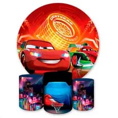 Kit Painel Redondo + Capas de Cilindro Sublimados Para Festa Tema Carros Mc Queen